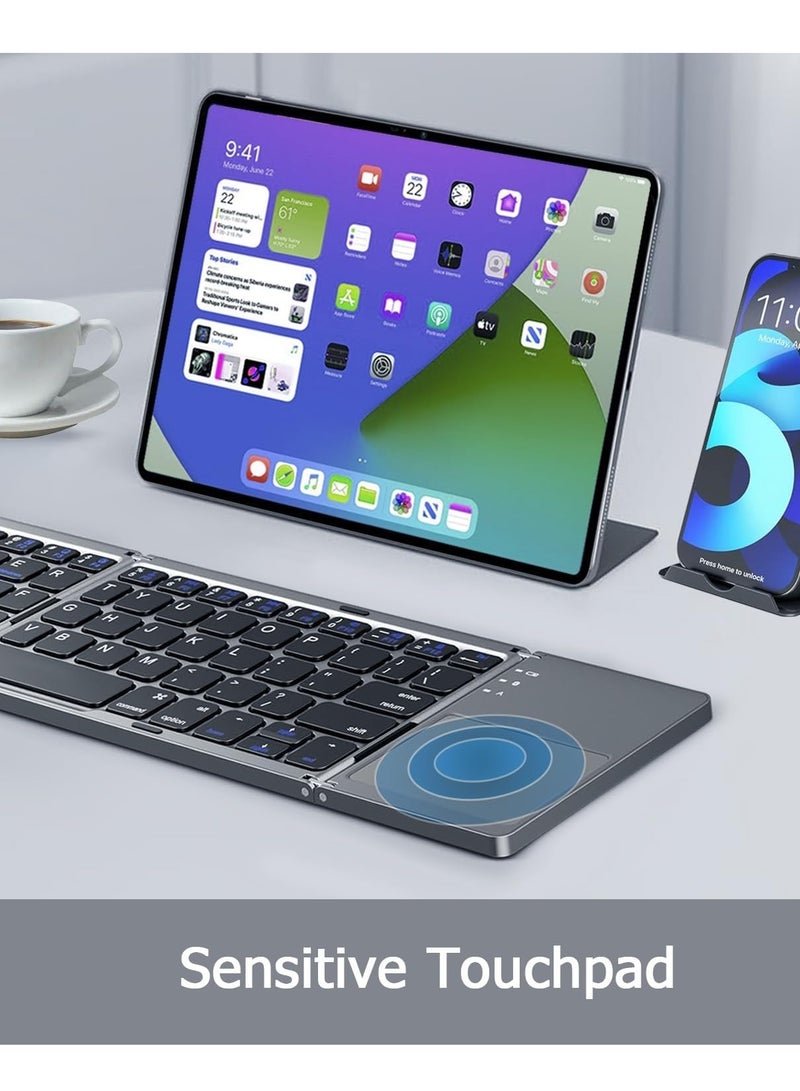 تايجر لوحة مفاتيح بلوتوث قابلة للطي، لوحة مفاتيح لاسلكية صغيرة محمولة بحجم الجيب مع لوحة لمس، لوحة مفاتيح محمولة فائقة النحافة قابلة للطي لأجهزة iPad وiOS وAndroid وWindows PC، رمادي - Image 4